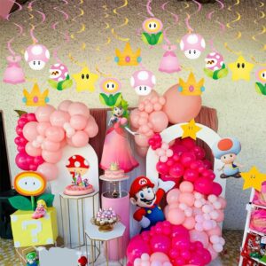 20Pcs Princess Peach Hanging Swirls, Pink Yellow Princess Peach Birthday Party Hanging Decor Whirl, Cartoon Ceiling Streamers for Girl Mario Princess Peach Party, Princess Baby Shower Decorations