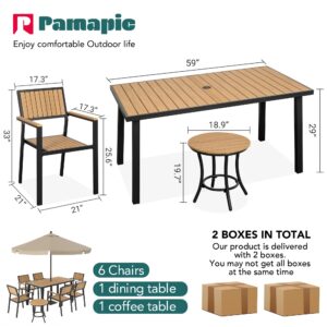 Pamapic 8-Piece Patio Dining Set，Outdoor Aluminum Furniture Set with Plastic-Wood Table Top,Outdoor Furniture Set with 6 Outdoor Stackable Chairs for Patio Garden Poolside (Teak)