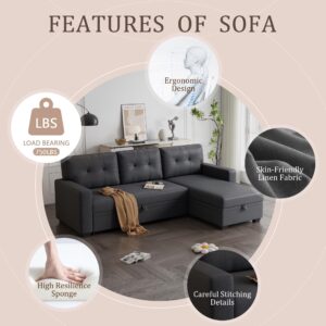 Jintop 82" L-Shape Convertible Sleeper Sectional Sofa with Storage Chaise and Pull-Out Bed,Upholstered Reversible Corner 3 Seater Couch with Button Tufted Backrest & Armrest,for Living Room,Dark Gray