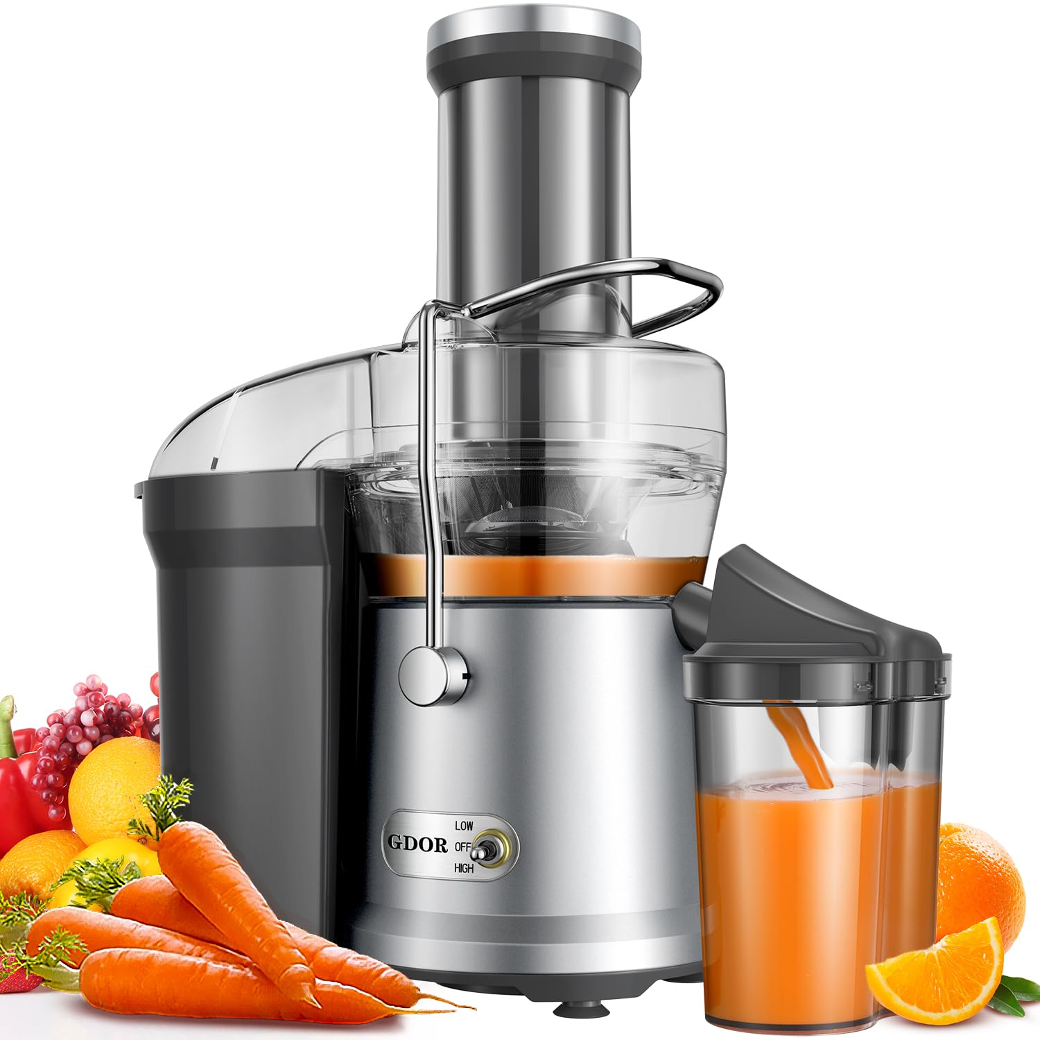 Powerful GDOR 1200W Juicer with Larger 3.2" Feed Chute, Titanium Enhanced Cutting System, Centrifugal Juice Extractor Maker with Heavy Duty Full Copper Motor, Dual Speeds, BPA-Free, Silver