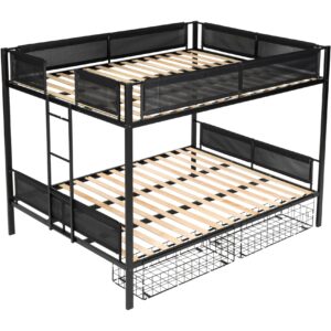 DNYN Queen Over Queen Bunk Bed with Storage Drawers & Wood Slat Support & Ladder & Safety Rails for Kids/Adults,Space Saving Design & No Box Spring Needed,Perfect for Dorm,Bedroom,Guest Room, Black