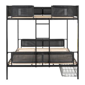 DNYN Queen Over Queen Bunk Bed with Storage Drawers & Wood Slat Support & Ladder & Safety Rails for Kids/Adults,Space Saving Design & No Box Spring Needed,Perfect for Dorm,Bedroom,Guest Room, Black