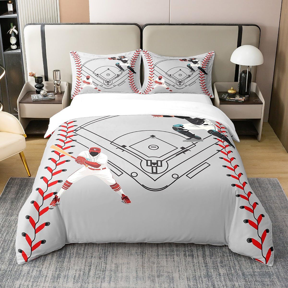 Castle Fairy Baseball Player Comforter Cover Queen Baseball Field Print 100% Organic Cotton Duvet Cover American Sports Ball Game Bedding Sets Red Baseball Texture Bedspread Cover 3 Pieces