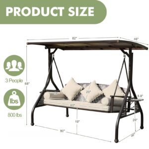 Suvivityse Outdoor Patio Adjustable Hardtop Porch Swing,3 Seat Patio Swing Bench 3-in-1 Convertible Swing Bed with Beige Cushions