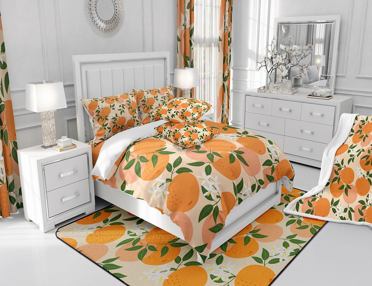 Feelyou Cartoon Orange Duvet Cover Set Fresh Oranges Bedding Set for Kids Boys Girls Cartoon Citrus Fruit Comforter Cover Fruit Style Quilt Cover Bedroom Collection 3Pcs Queen Size