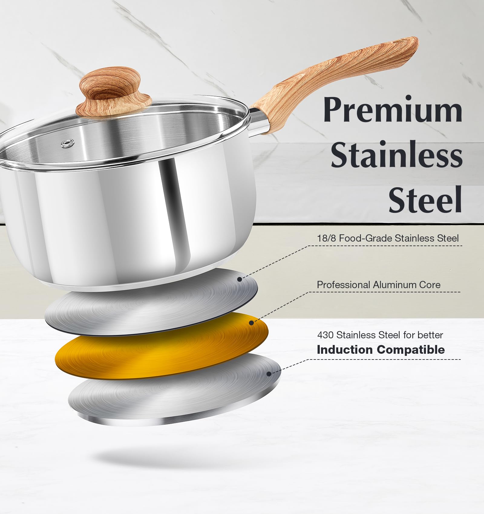 KOCH SYSTEME CS Stainless Steel Saucepan Set, 1QT & 2QT & 3QT Sauce Pan with Heat-resistant Bakelite Handle, Premium Stainless Steel Pot Set, Induction Sauce Pan Sets, Stainless Steel Pots 6 Piece