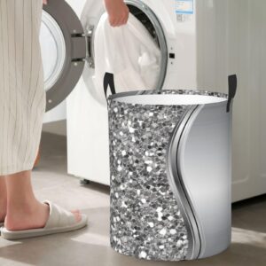 WFTTFOU Laundry Basket Silver Faux Glitter Glam Bling Collapsible Laundry Hamper With Handle Foldable Lightweight Clothes Storage Basket For Bathroom Bedroom College Dorms Medium, Black