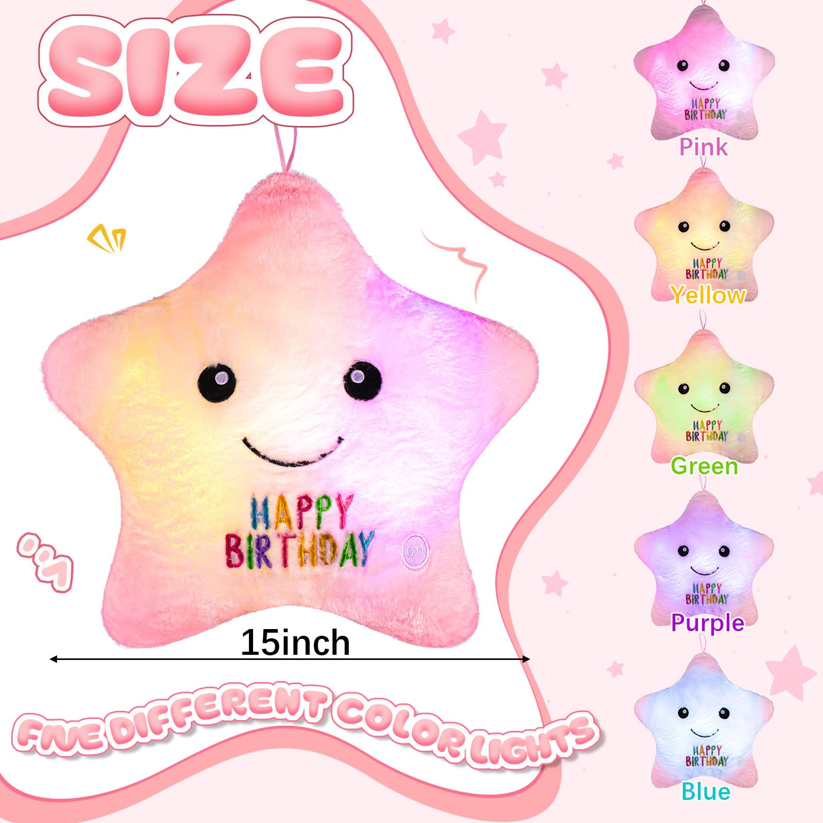 Lineshading 15'' Twinkle Plush Pillows LED Happy Birthday Star Pillow Sensory Light up Plush Toys Night Lights Star Shaped Stuffed Pillow Pink Glowing Birthday Gift for Birthday Gifts Party Favors