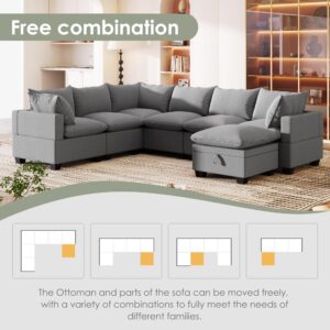 Tmsan 120" Oversized Modular Sectional Sofa, U Shaped Deep Couch with Storage Ottoman, Large 7 Seater Corner Sofa for Living Room, Spacious Space, Grey Polyester