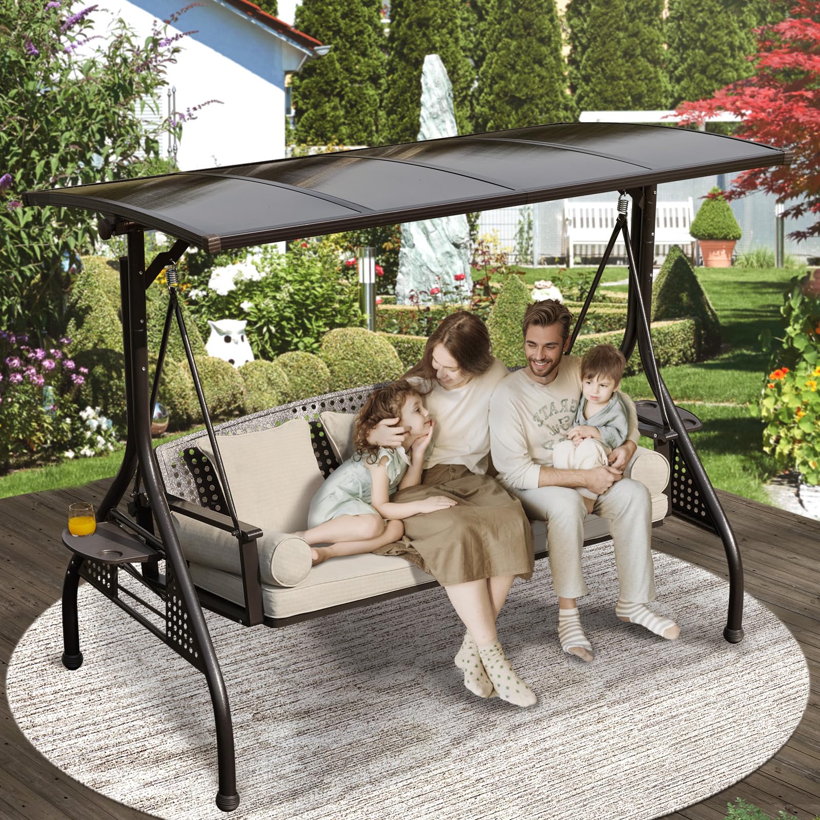 Suvivityse Outdoor Patio Adjustable Hardtop Porch Swing,3 Seat Patio Swing Bench 3-in-1 Convertible Swing Bed with Beige Cushions