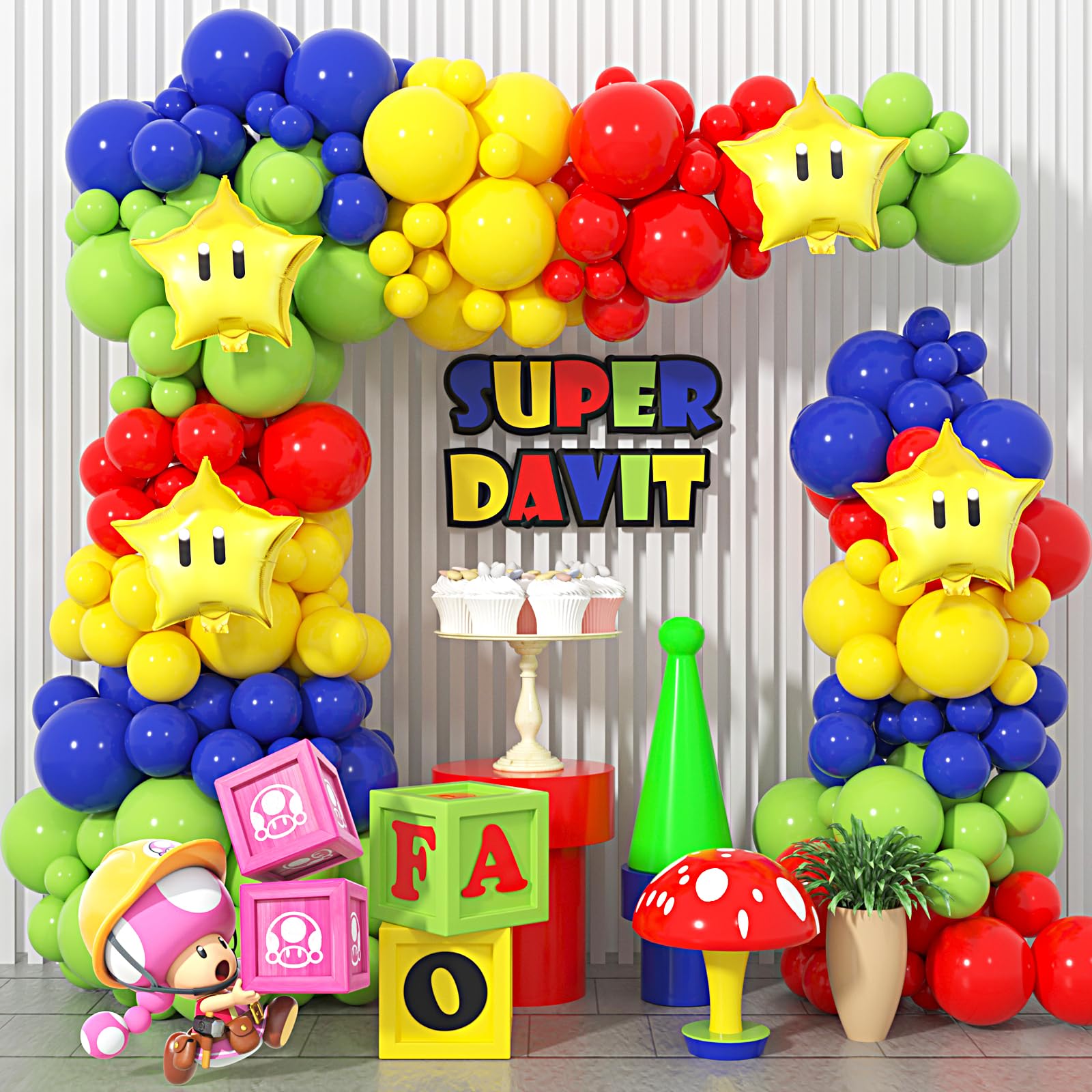 Mari Balloon Arch Kit Include Latex Balloons, Foil Star Balloons for Kids Mari Birthday Party Decoration Supplies Super Bros Baby Shower Party Decorations