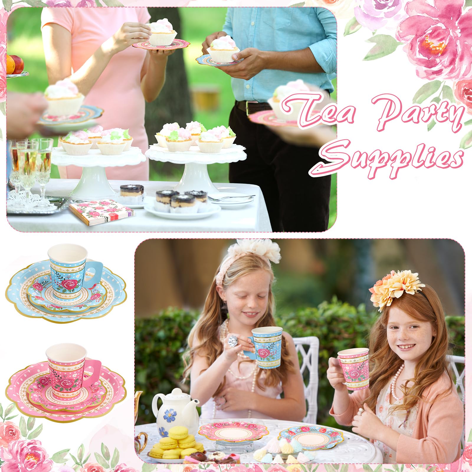 200 Pcs Disposable Tea Party Cups and Saucers Set, 50 Guests Floral Tea Party Supplies Include 9 oz Paper Tea Cups with Handle, 9 Inch Paper Plates, Saucers Napkins for Tea Party Birthday Wedding