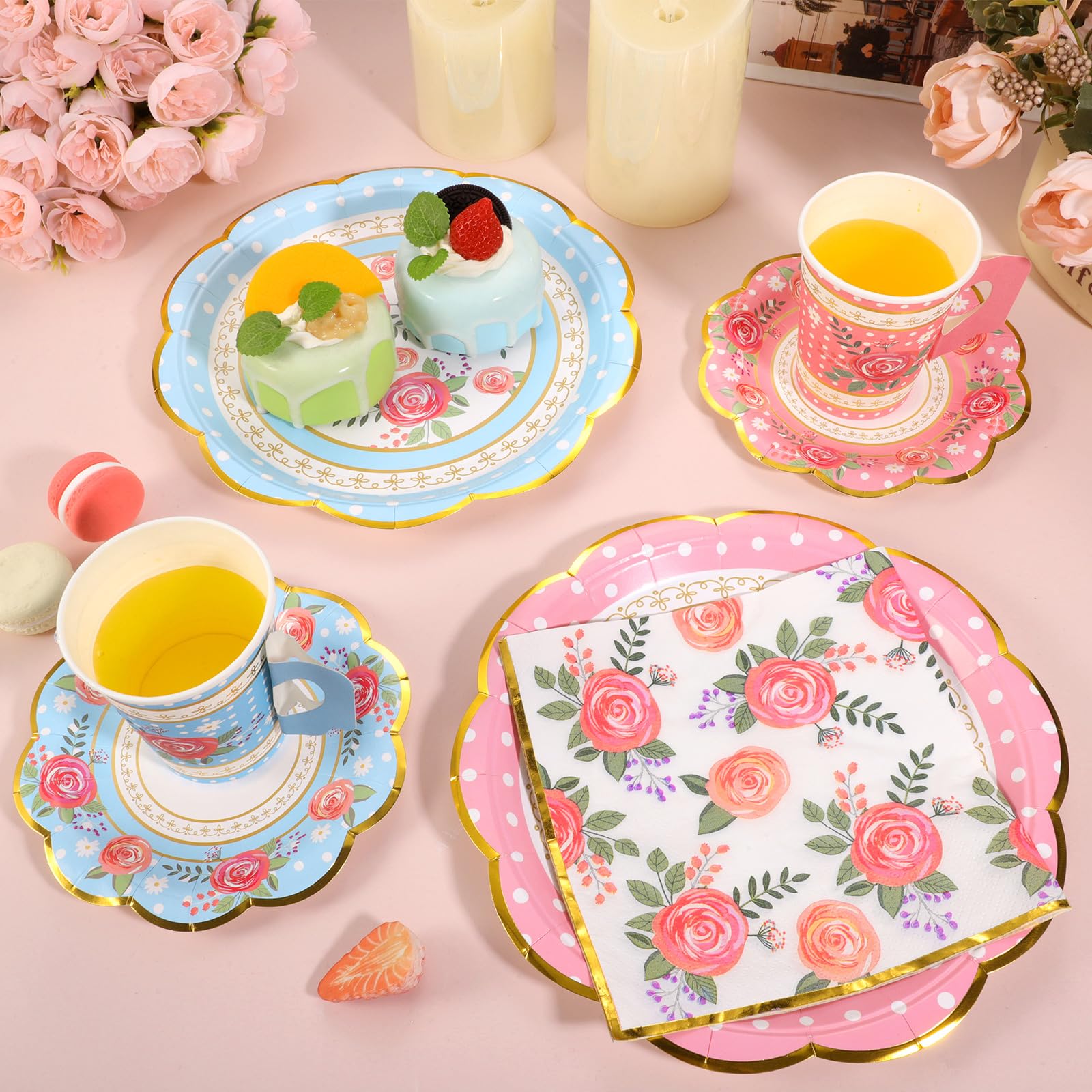 200 Pcs Disposable Tea Party Cups and Saucers Set, 50 Guests Floral Tea Party Supplies Include 9 oz Paper Tea Cups with Handle, 9 Inch Paper Plates, Saucers Napkins for Tea Party Birthday Wedding