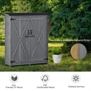 LOUHME Outdoor Wooden Storage Shed, 5.3ft Hx4.6ft L Garden Storage Cabinet with Waterproof Asphalt Roof, Double Lockable Doors and 3-Tier Shelves for Patio Backyard, Ideal Tool Organizer, Gray