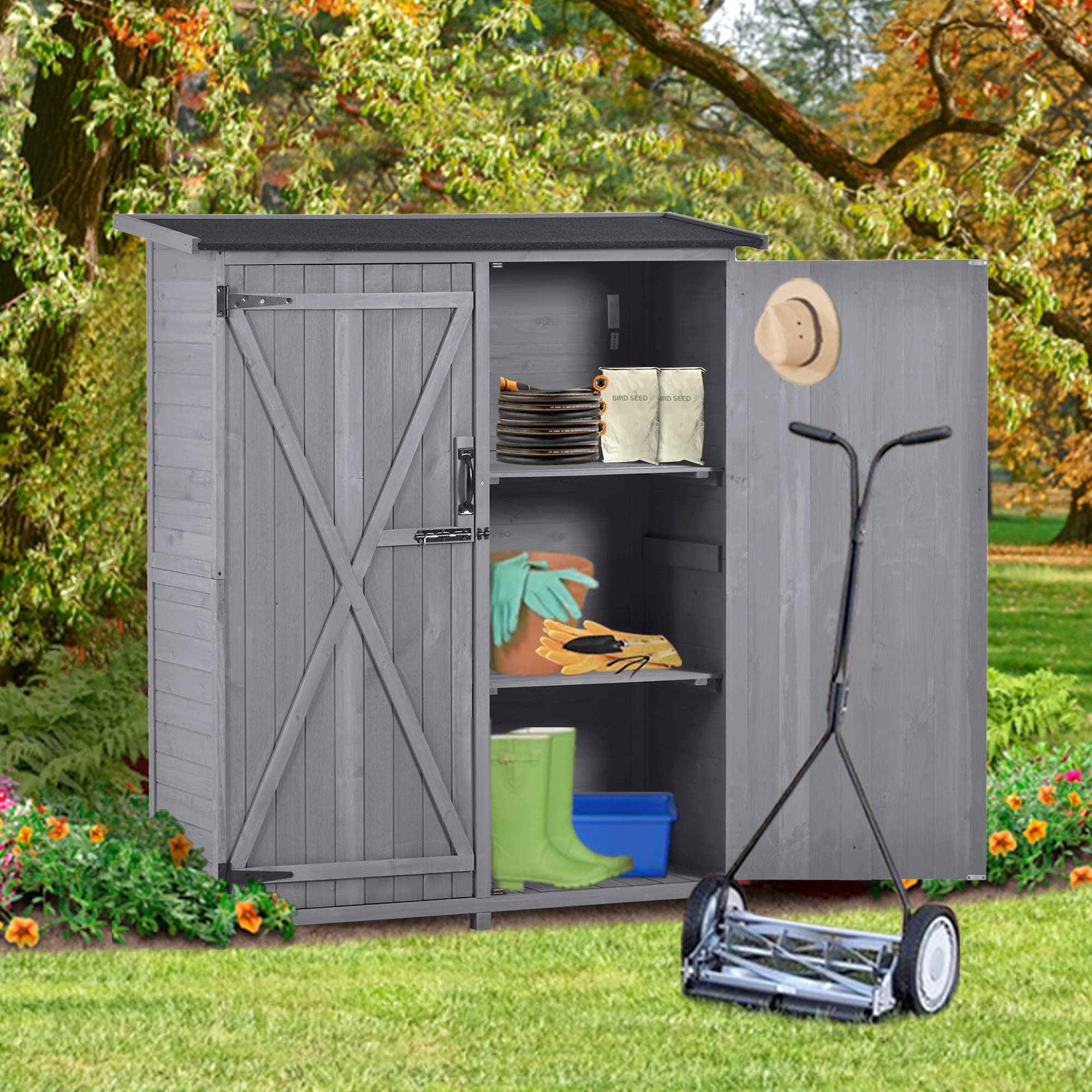 LOUHME Outdoor Wooden Storage Shed, 5.3ft Hx4.6ft L Garden Storage Cabinet with Waterproof Asphalt Roof, Double Lockable Doors and 3-Tier Shelves for Patio Backyard, Ideal Tool Organizer, Gray