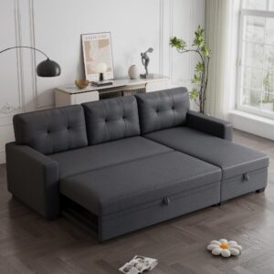 Jintop 82" L-Shape Convertible Sleeper Sectional Sofa with Storage Chaise and Pull-Out Bed,Upholstered Reversible Corner 3 Seater Couch with Button Tufted Backrest & Armrest,for Living Room,Dark Gray