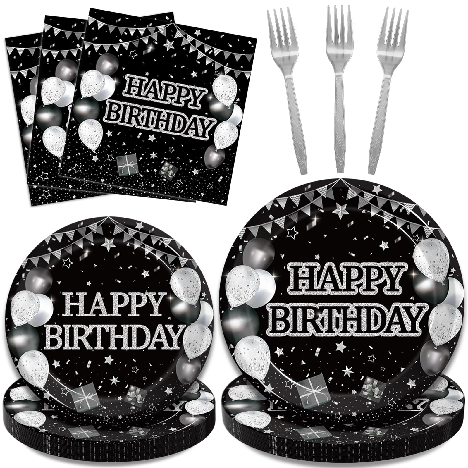 Kepeel 96 Pcs Black and Silver Birthday Plates and Napkins Sets, Black and White Happy Birthday Party Decorations Supplies for Men Women Glitter Birthday Party Disposable Tableware Favors, Serve 24