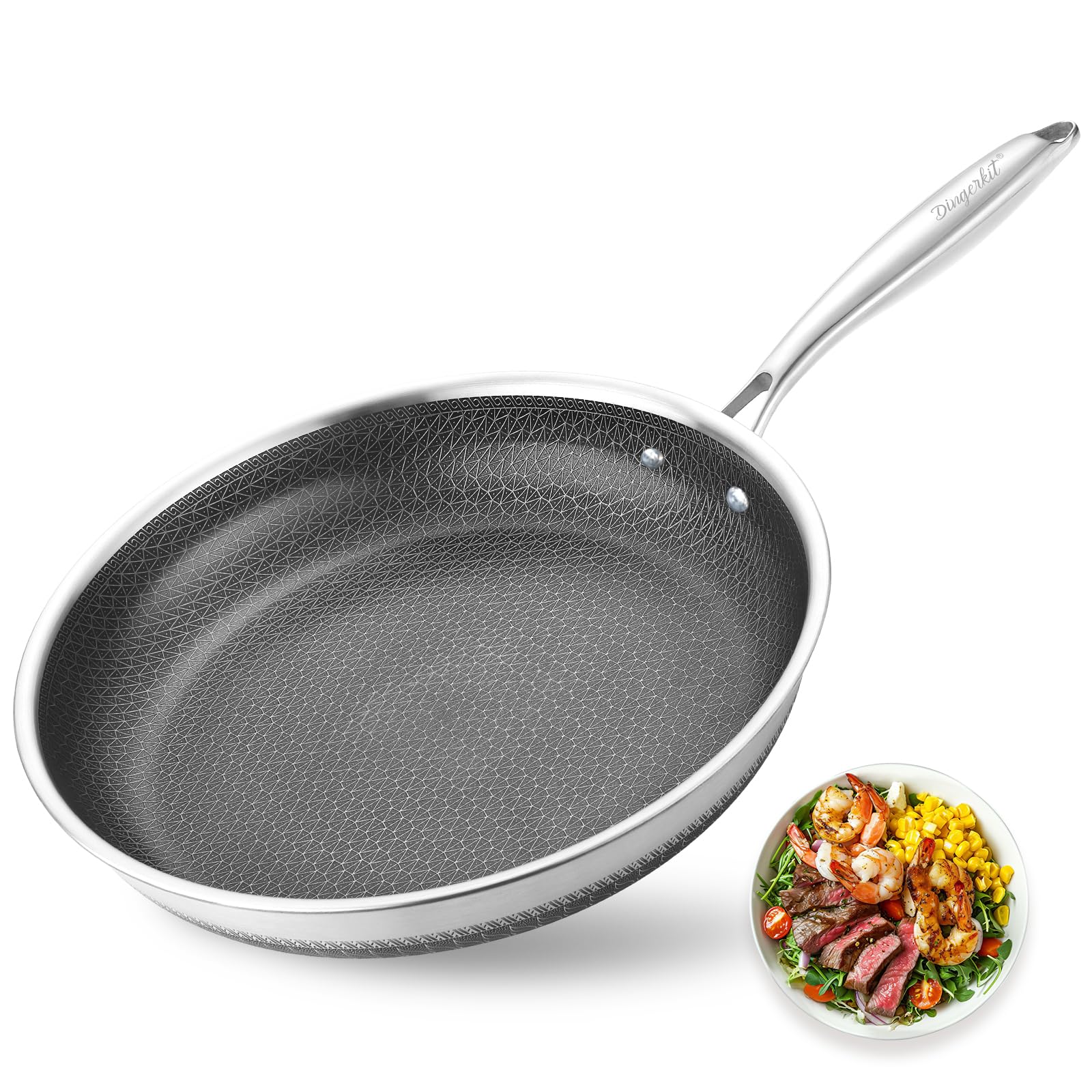 Dingerkit Frying Pans Nonstick, 11” Hybrid Stainless Steel Non Stick Frying Pans for Kitchen and Camping - Nonstick Cookware - Dishwasher and Oven Safe Skillet for Induction Gas Ceramic.