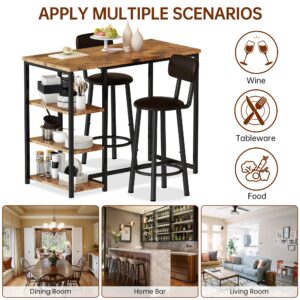 LTTROMAT Kitchen Dining Table Set for 2, Bar Table and Chairs Set with 3 Storage Shelves, Tall Dining Table with 2 PU Leather Backrest Stools for Small Space, Kitchen Island, Apartment, Brown