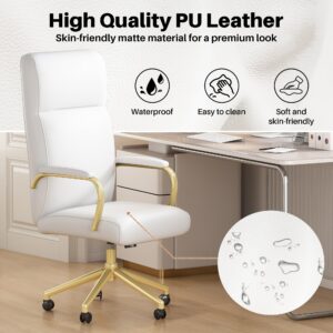 Genpo White and Gold Office Chair, High Back Office Chair for Women, Modern Desk Chair Comfy with Arms, Leather Executive Office Chair with Wheels