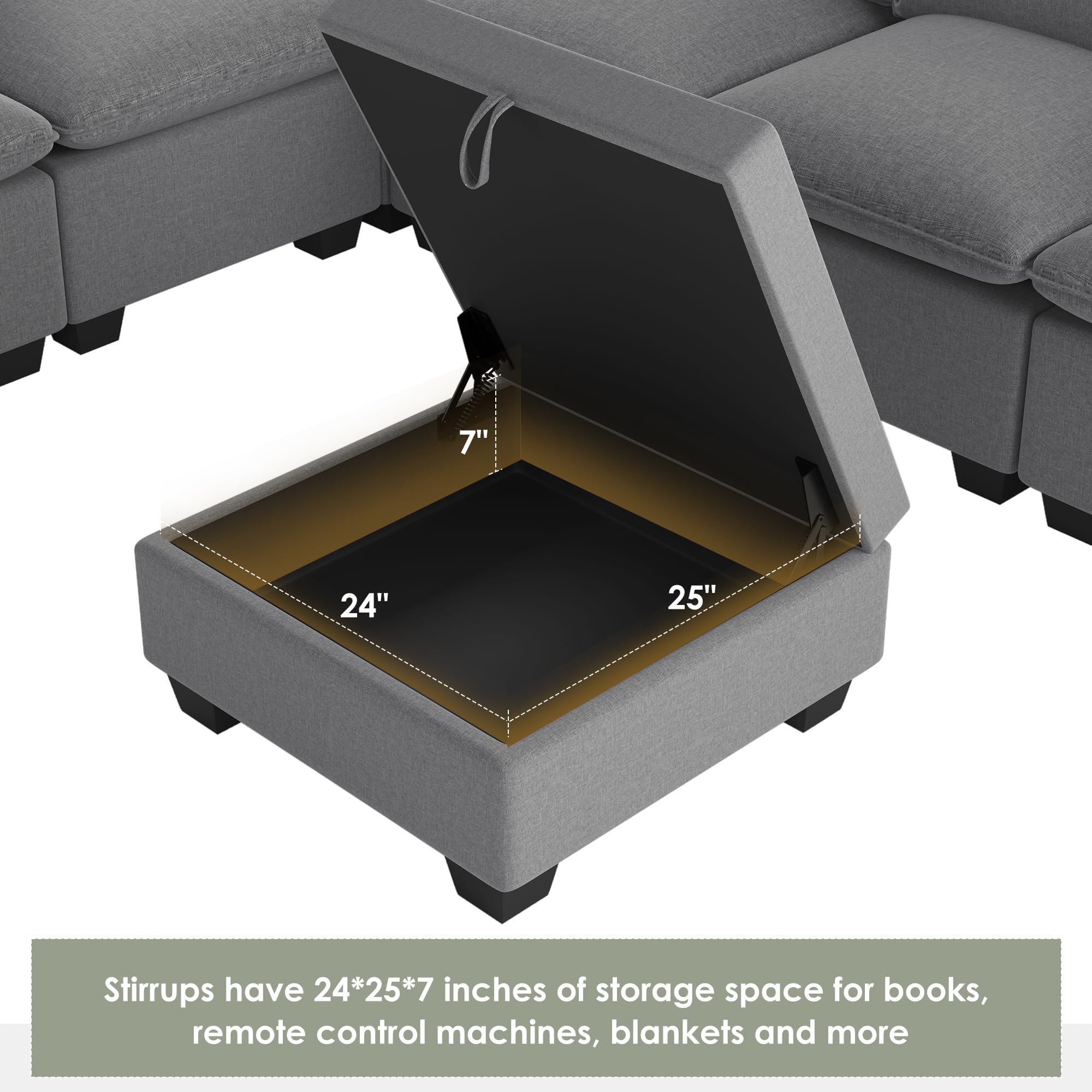 Tmsan 120" Oversized Modular Sectional Sofa, U Shaped Deep Couch with Storage Ottoman, Large 7 Seater Corner Sofa for Living Room, Spacious Space, Grey Polyester