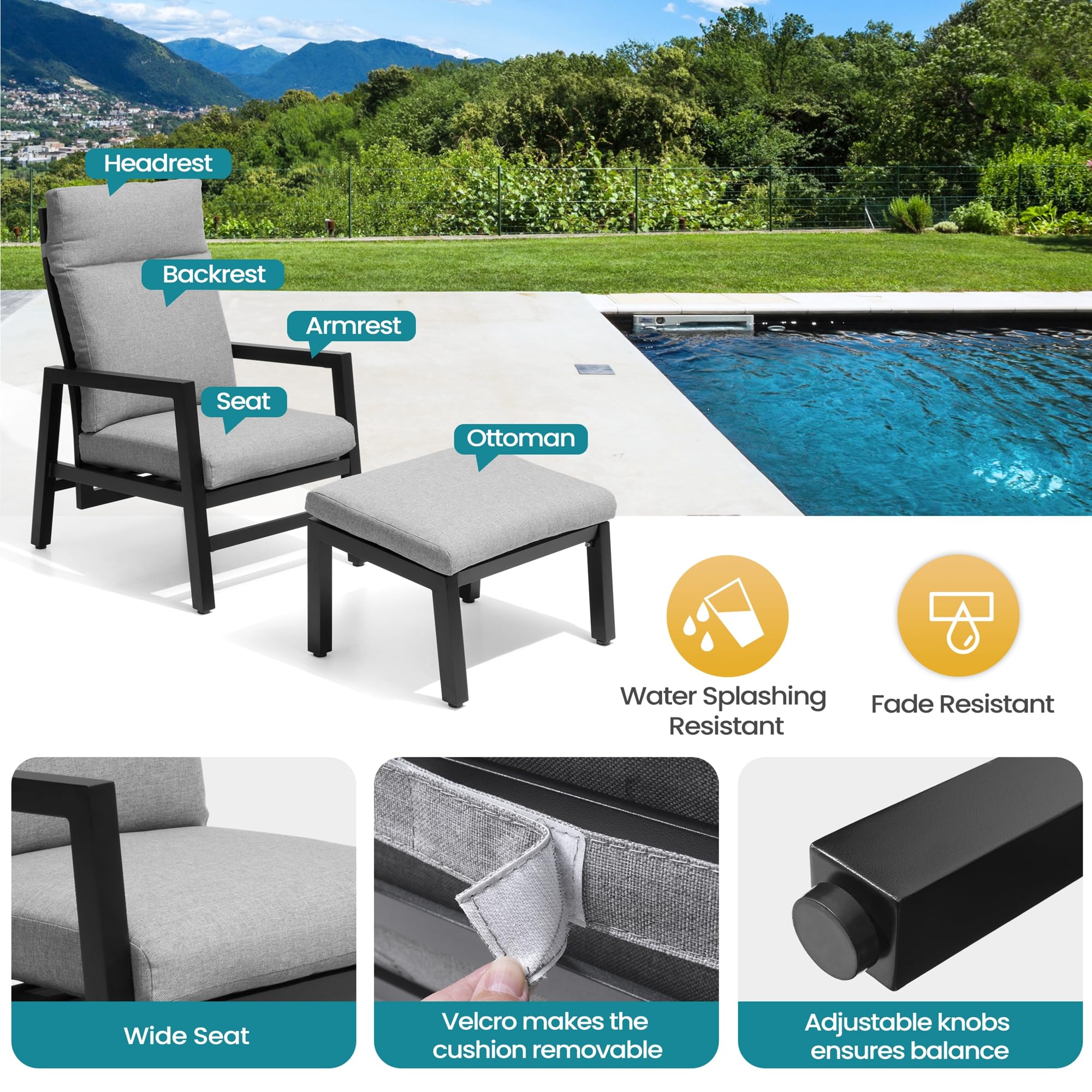 Pellebant Reclining Patio Chairs 2PC with Ottoman, Patio Reclining Chair with Cushion, Outdoor Conversation Set, All Weather Furniture for Patio, Lawn, Garden, Yard, Balcony, Poolside, Grey