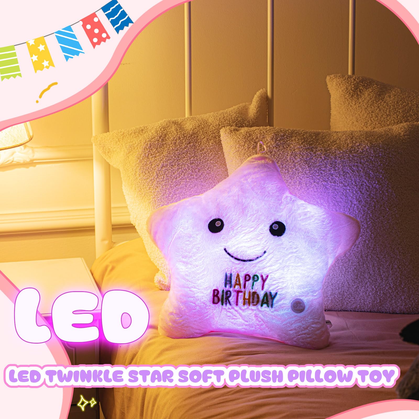 Lineshading 15'' Twinkle Plush Pillows LED Happy Birthday Star Pillow Sensory Light up Plush Toys Night Lights Star Shaped Stuffed Pillow Pink Glowing Birthday Gift for Birthday Gifts Party Favors