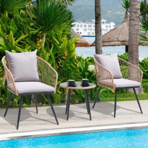 3 Piece Patio Furniture Bistro Set, Outdoor All-Weather Rattan Conversation Set for Garden Balcony Backyard Poolside (Yellow+Gray)