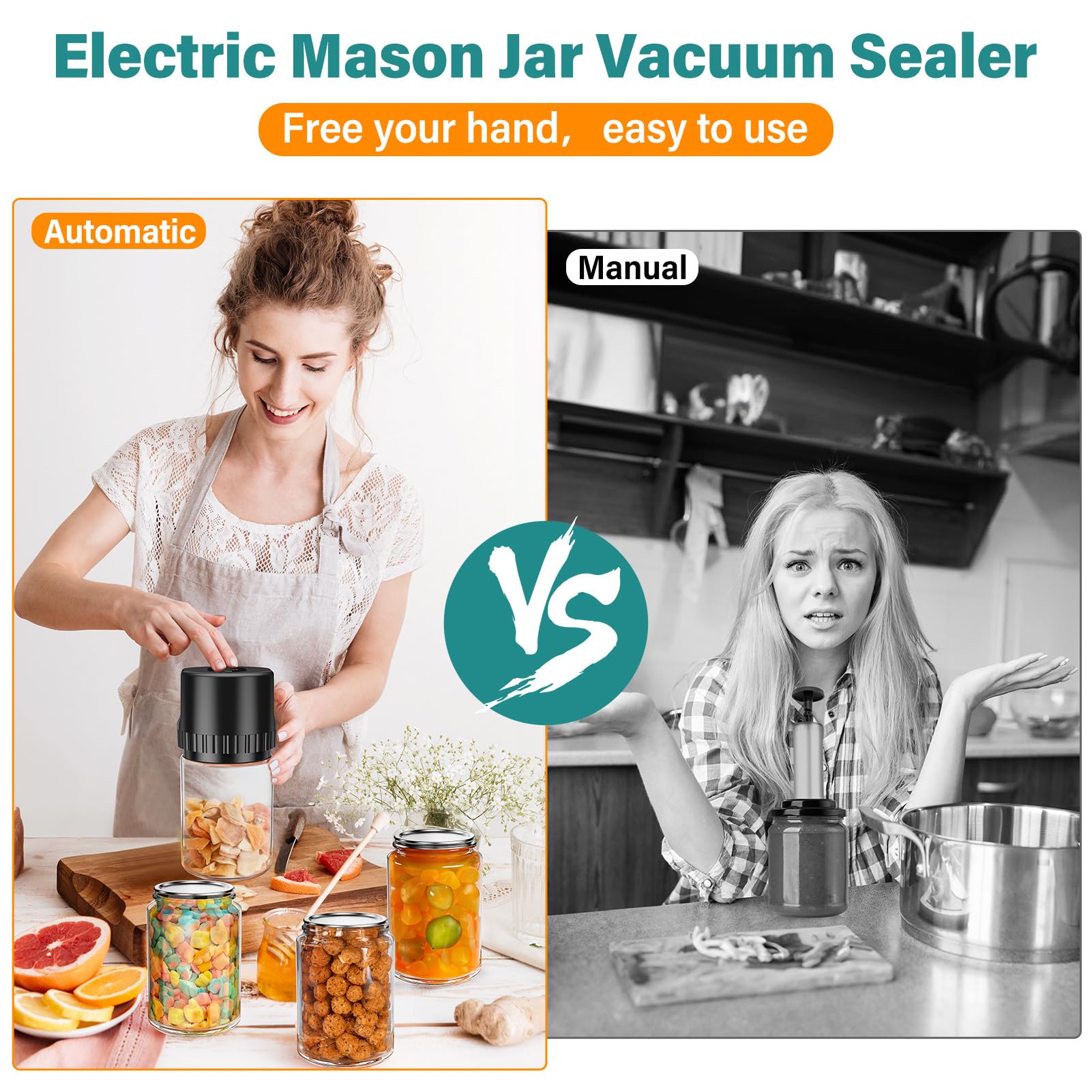 Electric Vacuum Sealer for Mason Jar - Cordless Mason Jar Vacuum Sealer Kit for Wide & Regular Mouth Mason Jars,Handheld Vacuum Sealer Machine with Opener and Canning Lids