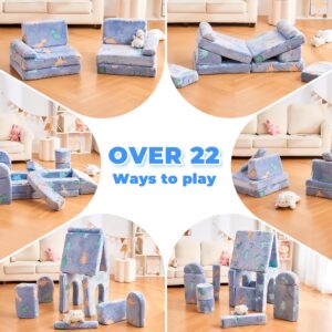 IFNOW 14pcs Modular Kids Play Couch, Kids Couch Toddler Couch, Child Sectional Sofa, Bedroom and Playroom Furniture for Toddlers, Blue Glow, Convertible Foam and Floor Cushion for Boys and Girls, Dino