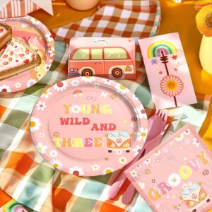 Hombae Young Wild and Three Party Decorations Girl, 3rd Birthday Decorations Girl, Boho Daisy Hippie Third Supplies, Retro Balloon Backdrop Banner Tablecloth Cake Topper Plates Napkins Forks 257 PC