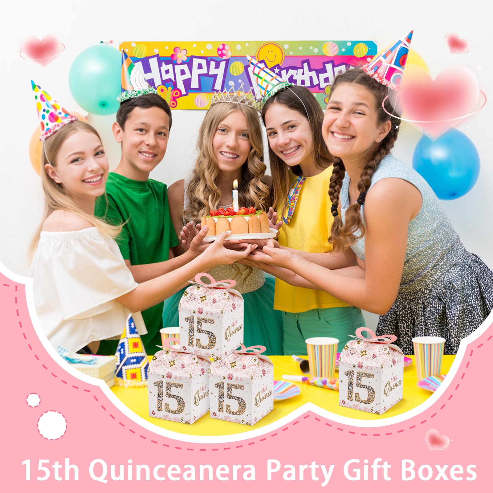 Qonmpcvu 50PCS 15th Birthday Box 13" 15th Birthday Party Favor Boxes Quinceanera Party Decorations Mis Quince Anos, Sweet 15 Birthday 15th Birthday Box Decoration Rose Gold For Guest Party