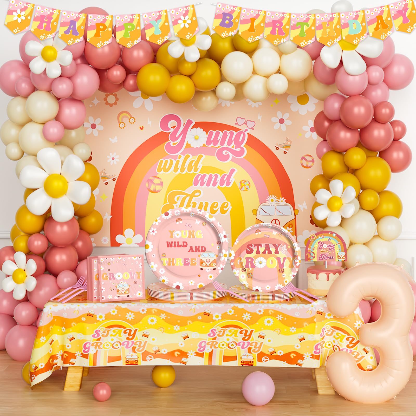 Hombae Young Wild and Three Party Decorations Girl, 3rd Birthday Decorations Girl, Boho Daisy Hippie Third Supplies, Retro Balloon Backdrop Banner Tablecloth Cake Topper Plates Napkins Forks 257 PC