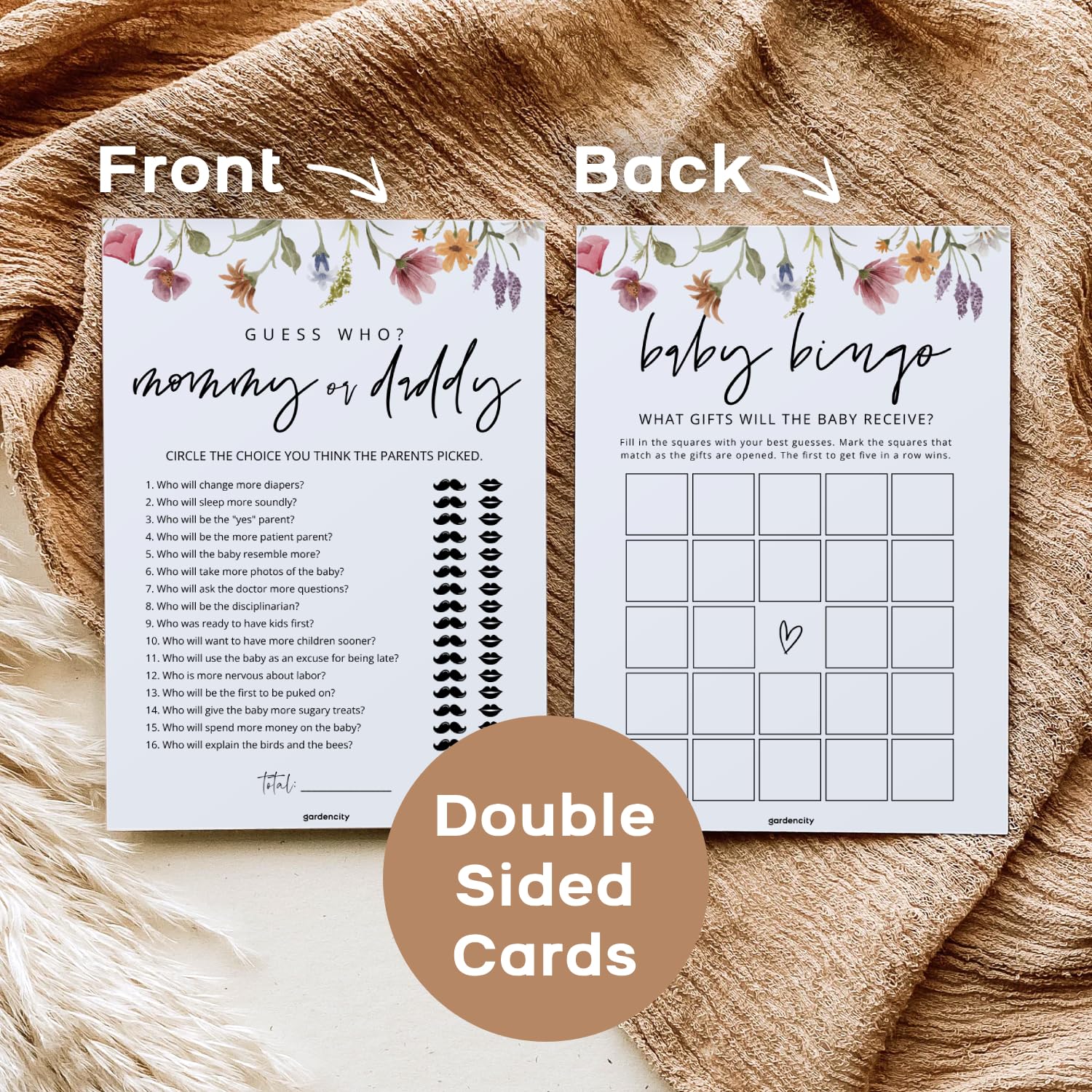 GardenCity Baby Shower Games Set for 25 Guests - 4 Fun Activities, Baby in Bloom/Floral Theme, 50 Double-Sided Cards (Wildflower)