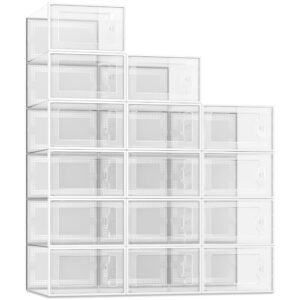 see spring large 15 pack shoe storage box, clear plastic stackable shoe organizer for closet, space saving foldable shoe rack sneaker container bin holder