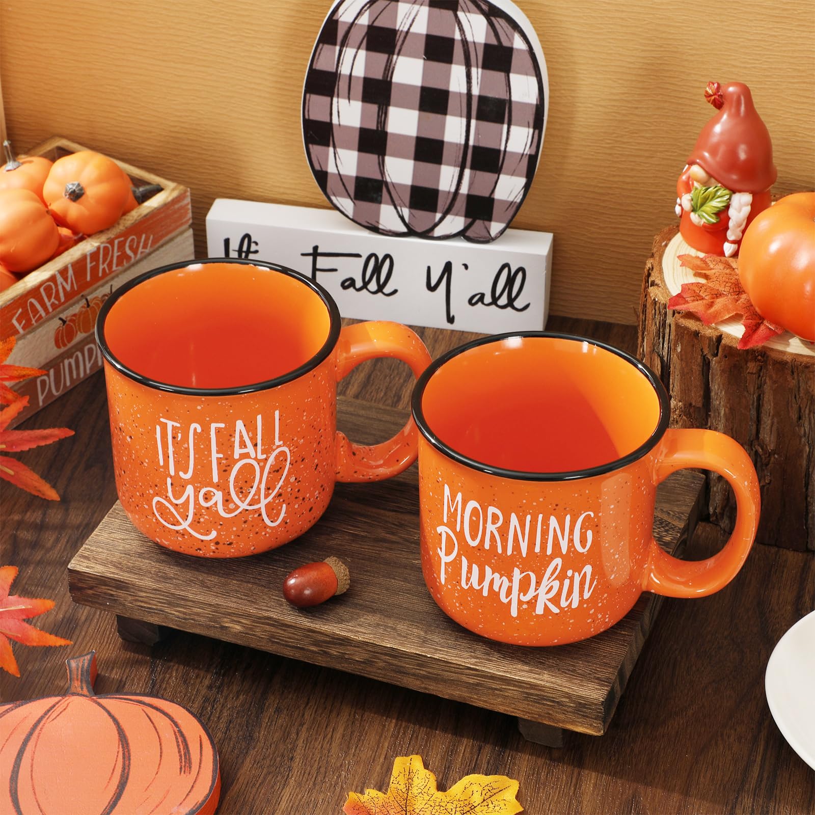 JarThenaAMCS 2Pcs Fall Coffee Mug Orange Fall Y'all Morning Pumpkin Drinking Mug for Autumn Thanksgiving Table Centerpieces Decorations Gifts