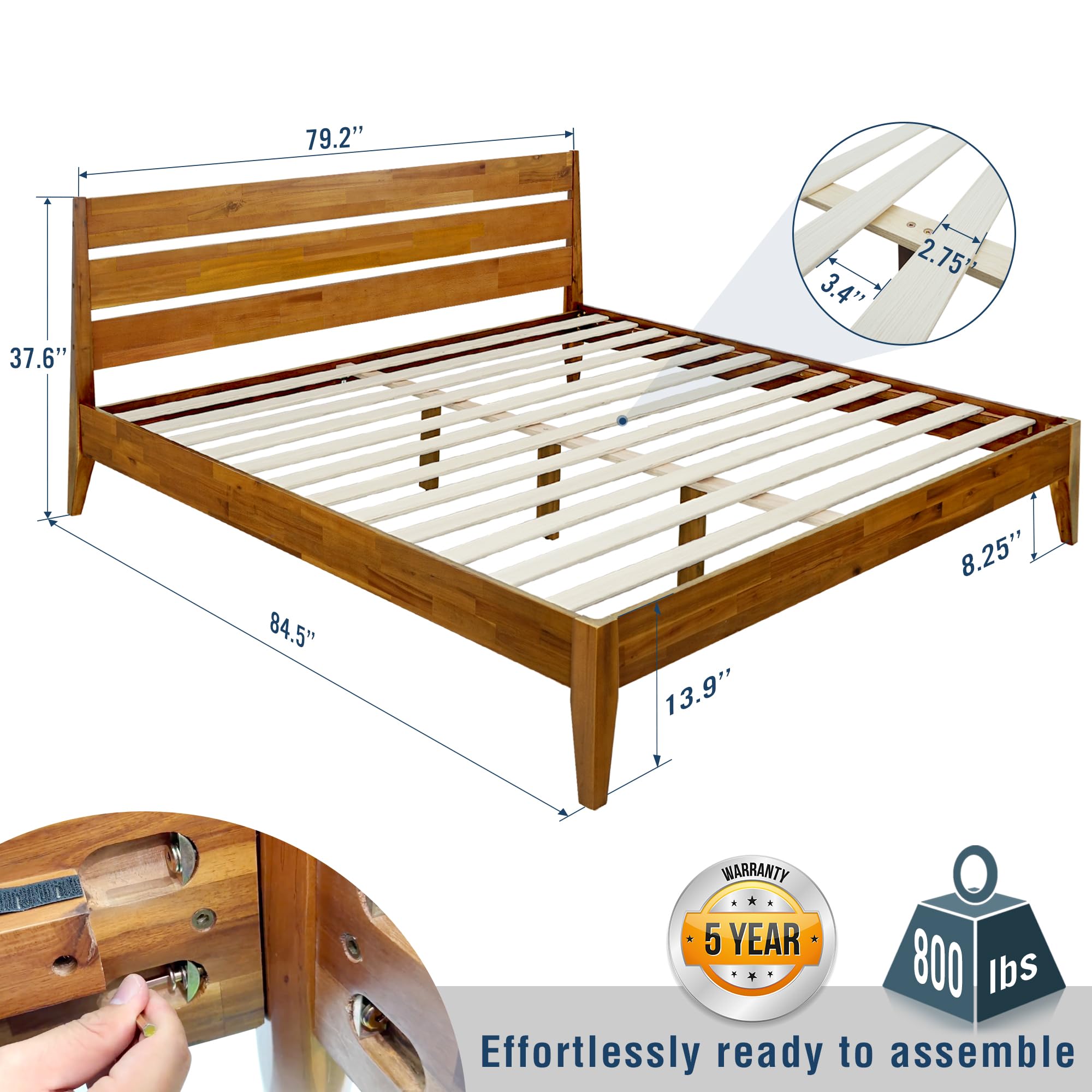 Acacia Emery Bed Frame with Headboard 100% Solid Wood Platform Bed, Mid Century Modern Wood Bed Compatible with All Mattresses, Non-Slip and Noise-Free, 30 Mins Assembly, King Size Bed Frame, Caramel