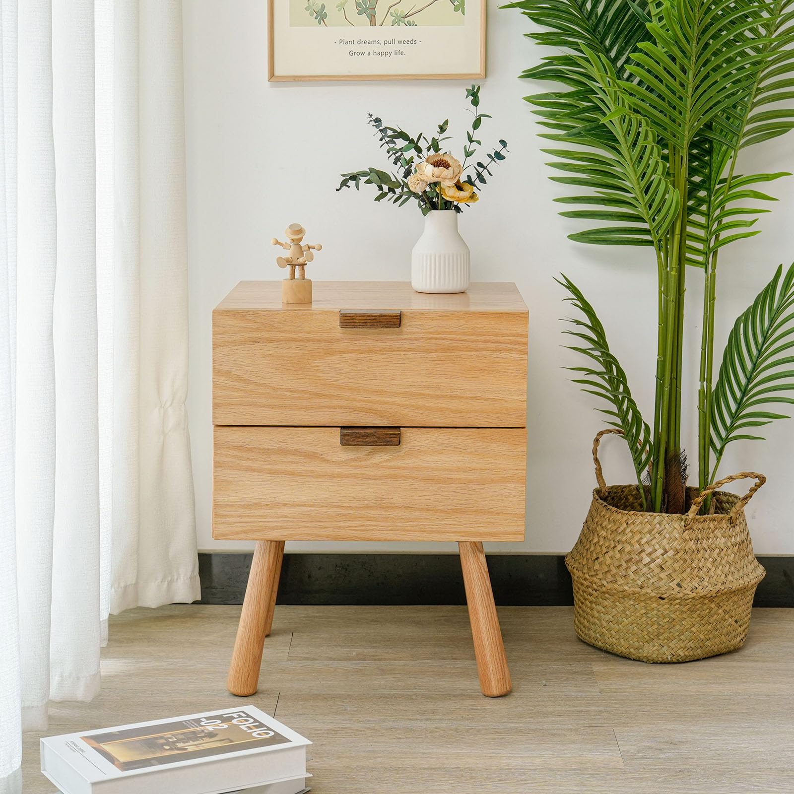 Cttasty Night Stand, Mid Century Modern Nightstand w/2 Drawers, Cute Small Nightstand, Boho Nightstand, Solid Wood Bedroom Nightstand, Oak Bedside Table, 16.54 W x 15.75 D x 21.65 H Inches(Natural)