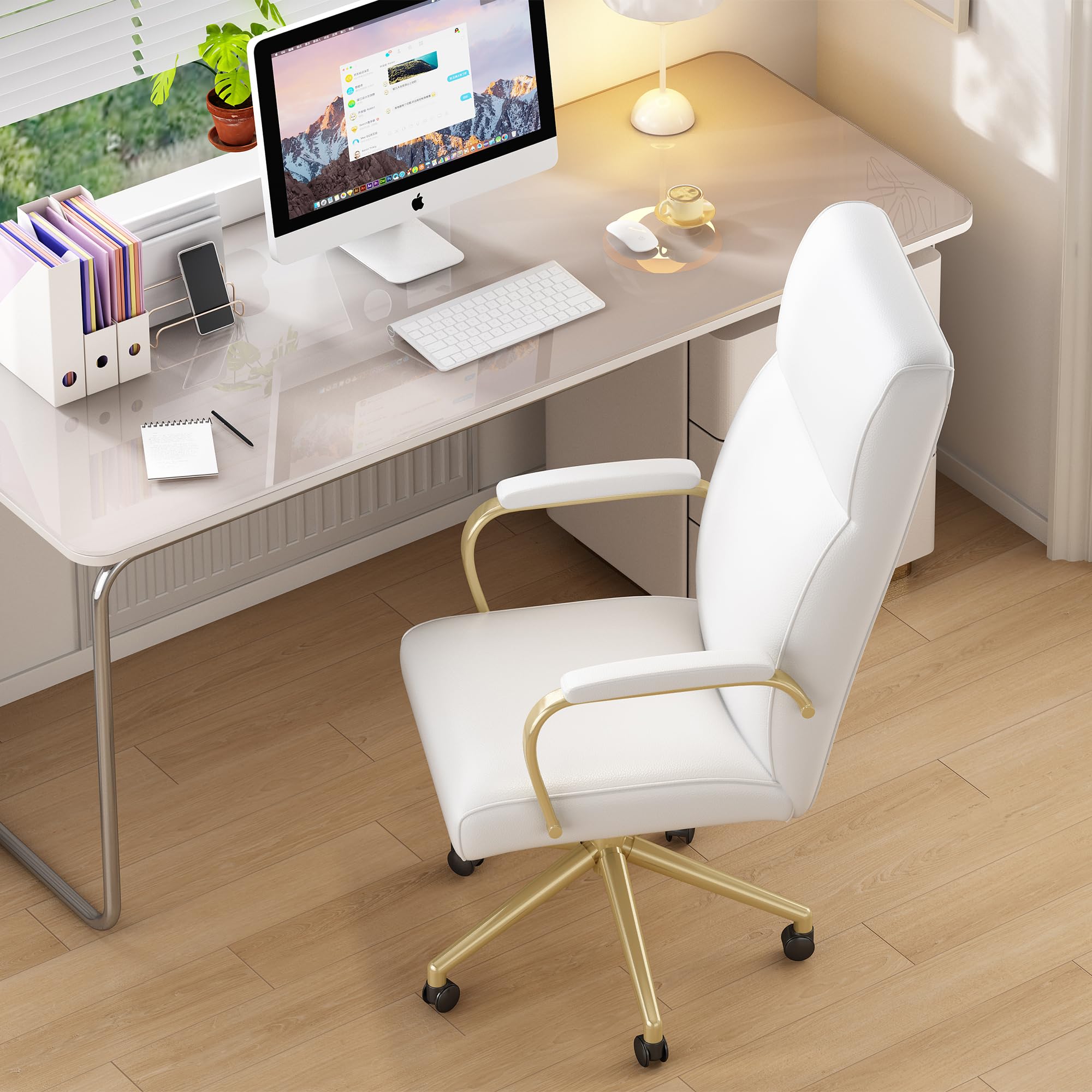 Genpo White and Gold Office Chair, High Back Office Chair for Women, Modern Desk Chair Comfy with Arms, Leather Executive Office Chair with Wheels