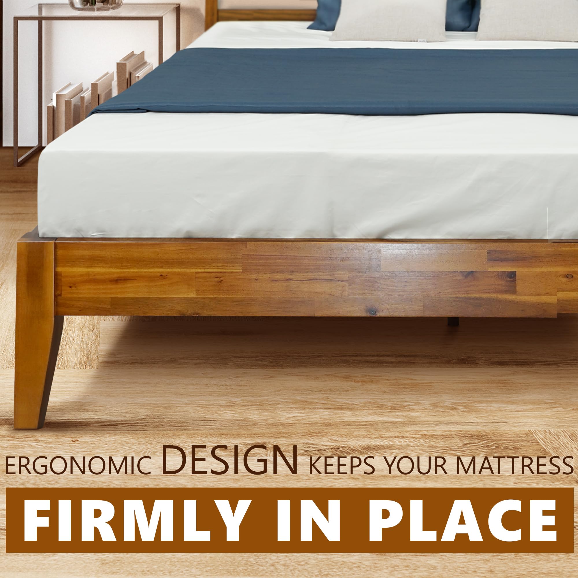 Acacia Emery Bed Frame with Headboard 100% Solid Wood Platform Bed, Mid Century Modern Wood Bed Compatible with All Mattresses, Non-Slip and Noise-Free, 30 Mins Assembly, King Size Bed Frame, Caramel