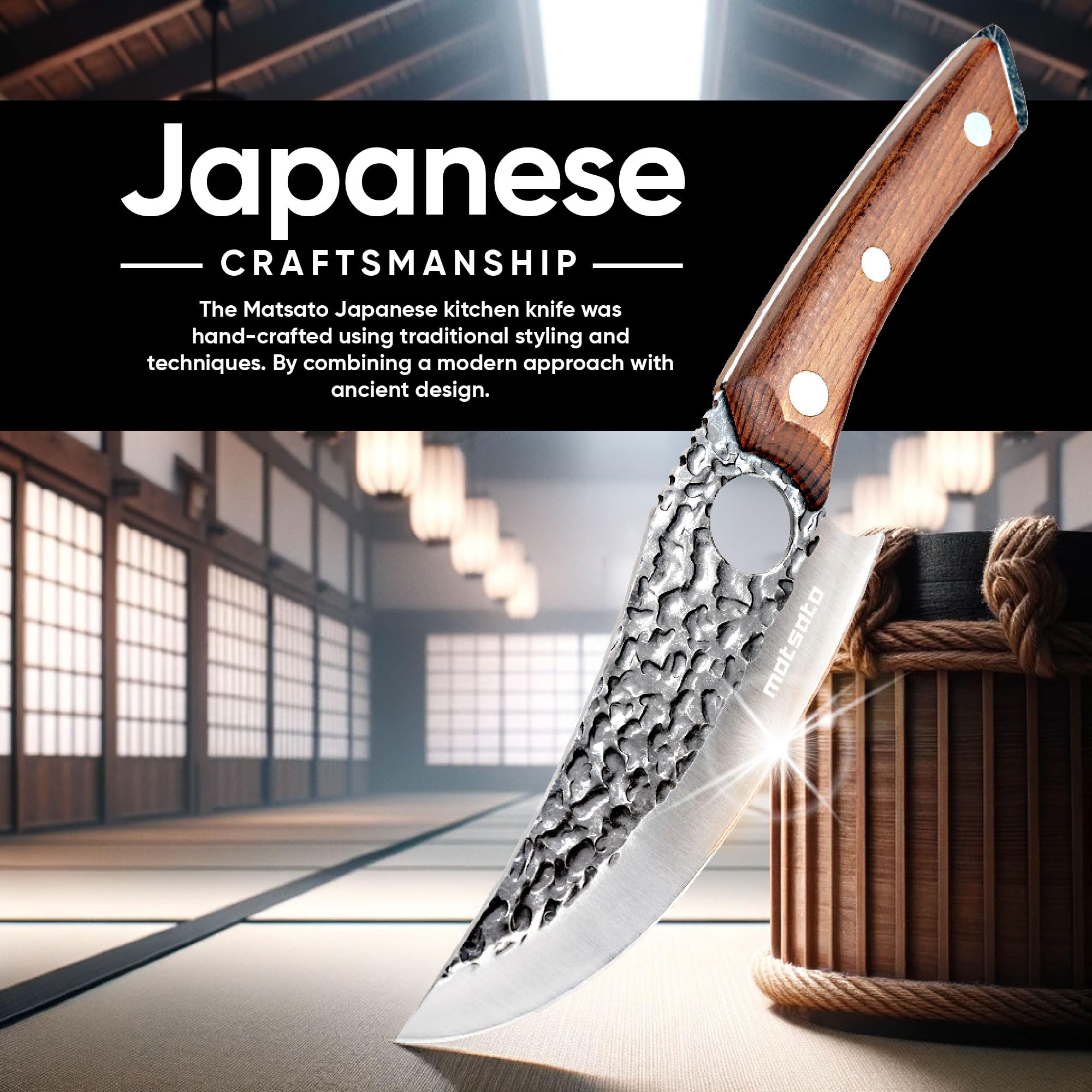 Matsato Chef Knife - Perfect Kitchen Knife with Premium Leather Sheath. Japanese Knife for Cooking, Chopping Knife for Home, Camping. Chef’s Knives Designed for Balance & Control, Damascus Quality