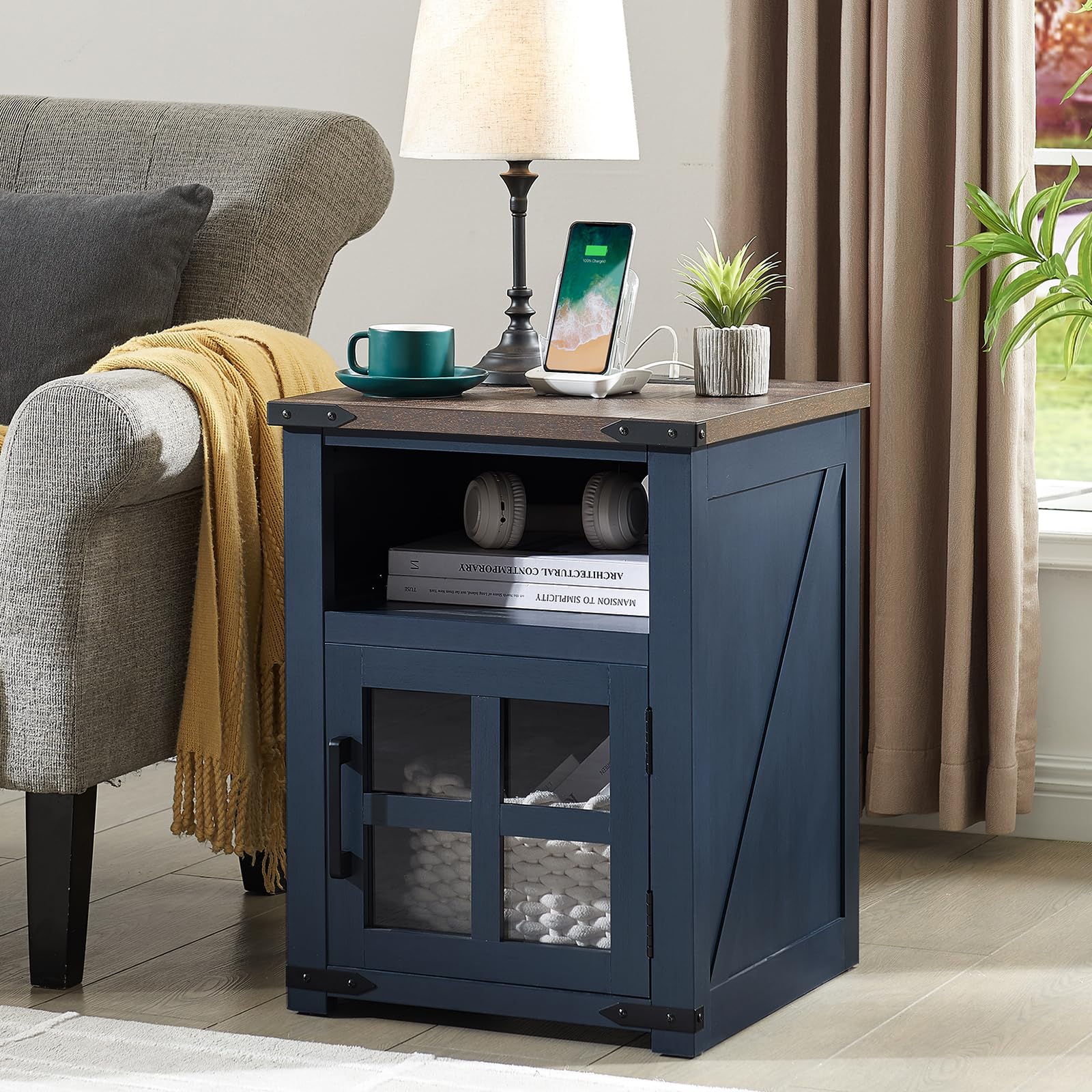 Barnyatoh Farmhouse Nightstand with Charging Station, Rustic End Table with Tempered Glass Barn Door, Wood Sofa Side Bedside Table with Open Storage Shelf for Living Room, Bedroom, Blue