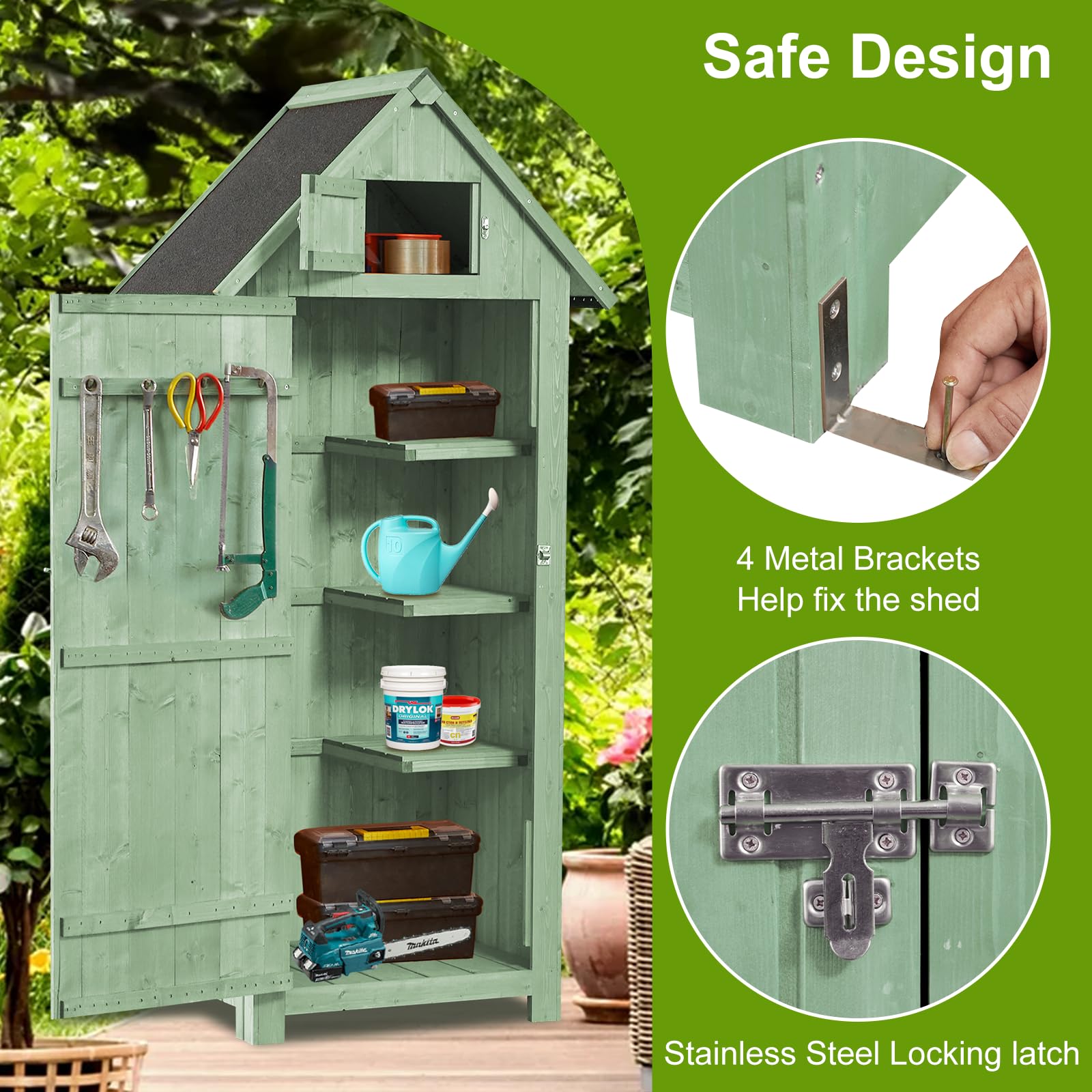 Shed Outdoor Storage Cabinet, Wood Garden Sheds with Floor, Outside Tool Outhouse Organizer with Waterproof Roof, Shelves and Lockable Door for Patio Hallway and Backyard (Green)