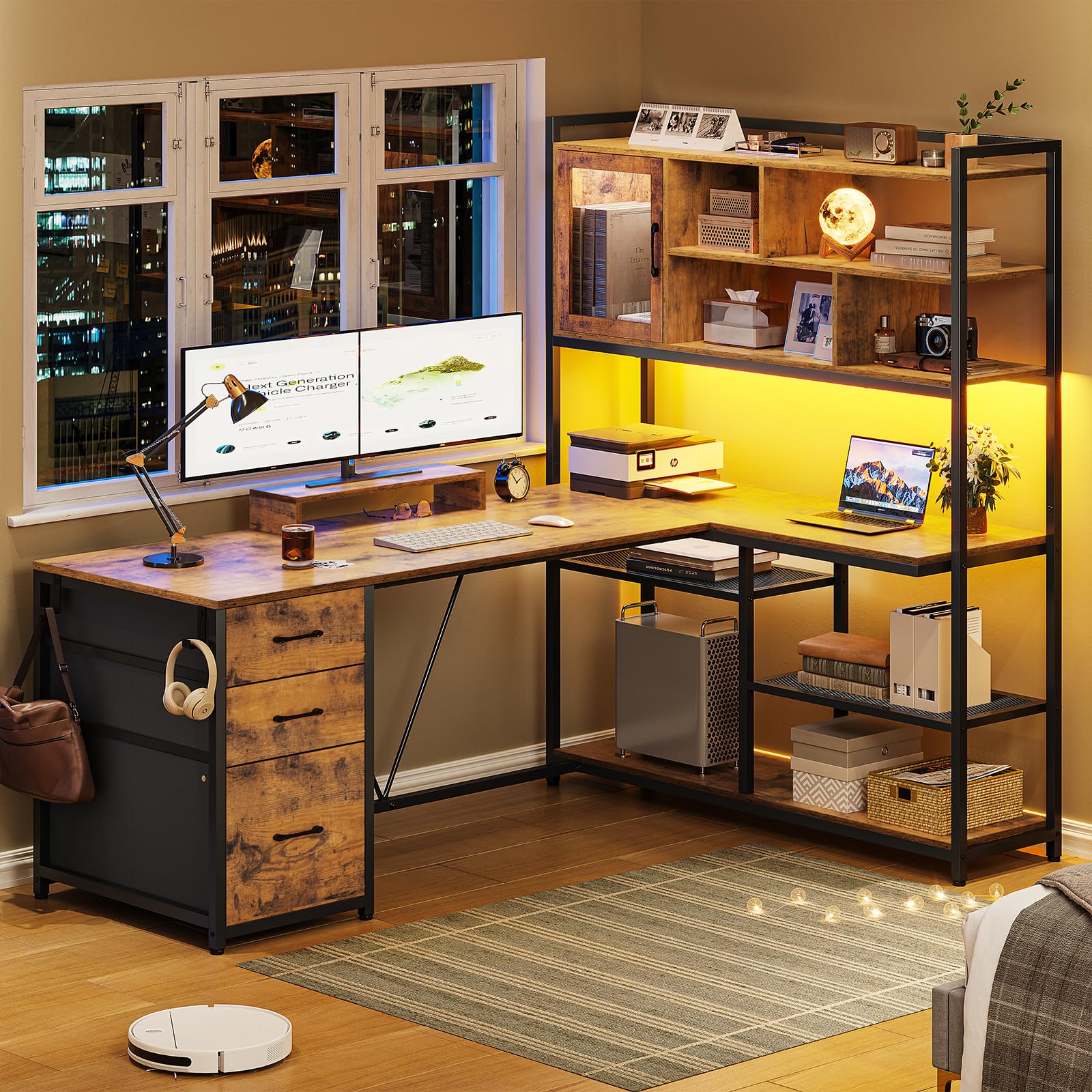 SEDETA L Shaped Computer Desk, 58'' Office Desk with 3 Drawers and Bookshelf, L Shaped Corner Desk with Storage Shelves and LED Light for Home Office, Gaming Desk, L Desk, Rustic Brown