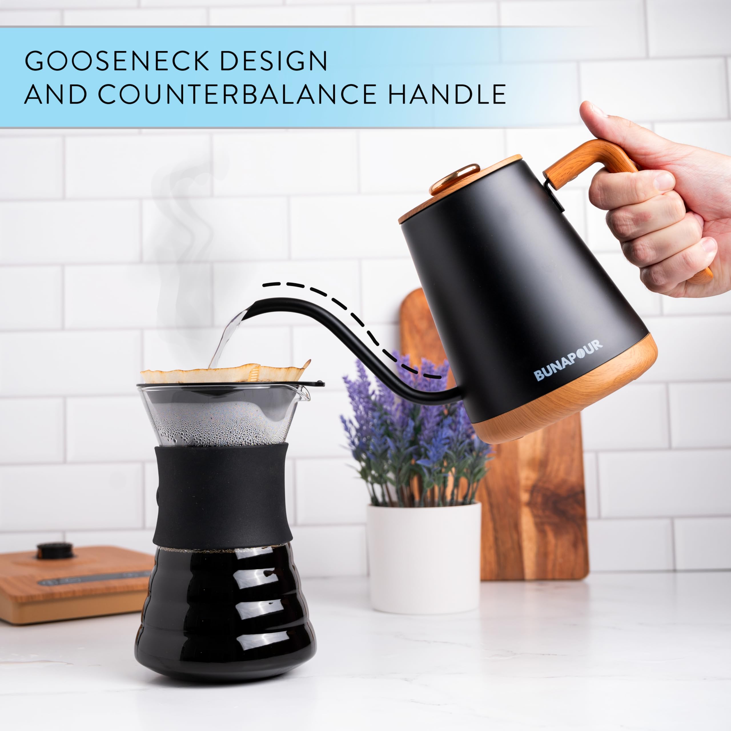 ±1℉ Accuracy Electric Gooseneck Kettle, 1200W Coffee Kettle, 0.8L Kettle, Rapid Heating, Matte Black with Wood Handle, Strix Controller