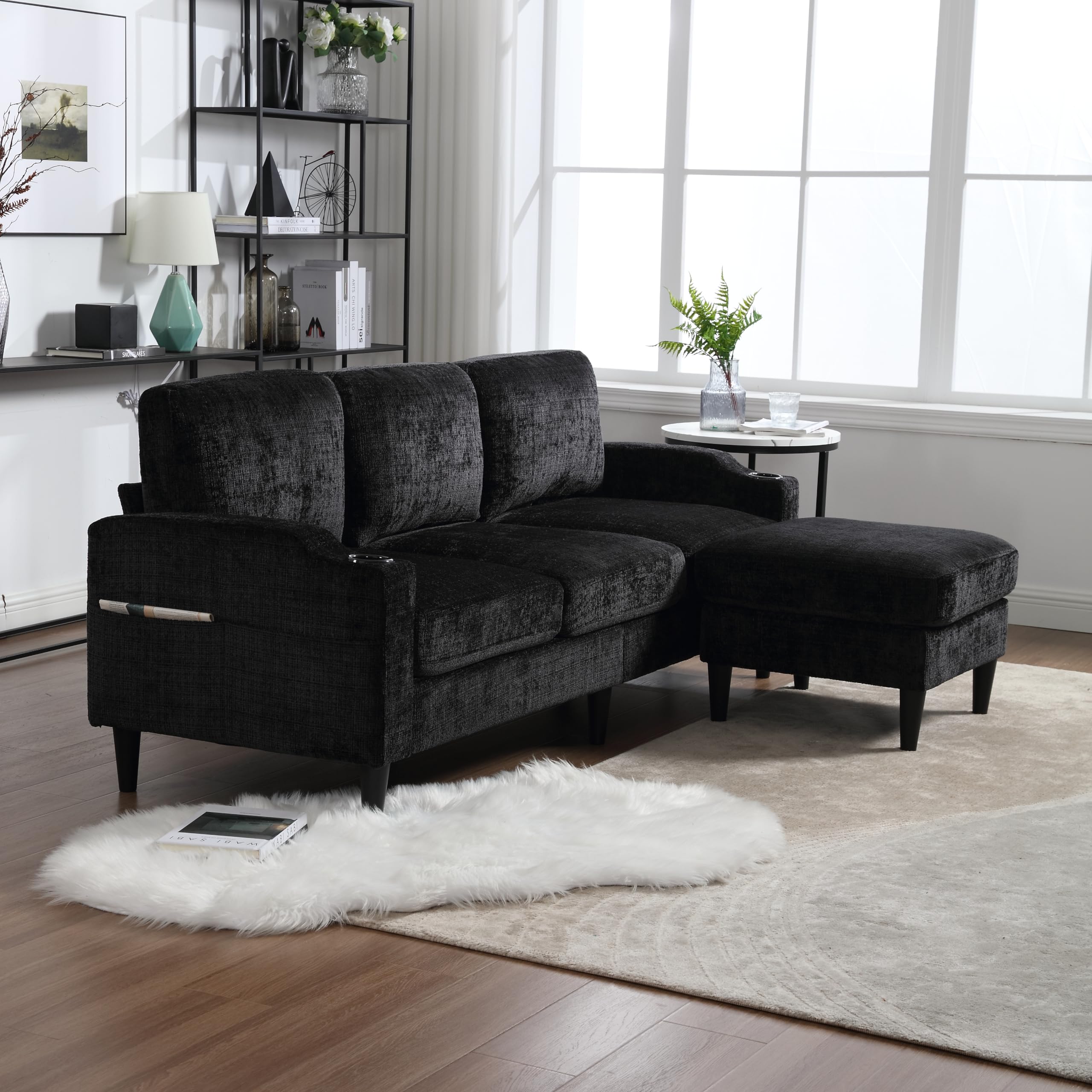 OUYESSIR 77.4" Chenille L Shaped Sectional Sofa Couch, 3 Seat Sofa with Convertible Storage Ottoman and 2 Cup Holders, Modern Deep Seat Couch for Living Room Office Apartment, Black