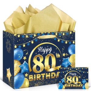 blue 80th birthday gift bag, large navy blue gold happy 80th birthday gift bag with greeting card and tissue paper for men women 80 years old anniversary birthday party favors goodie wrap bag supplies