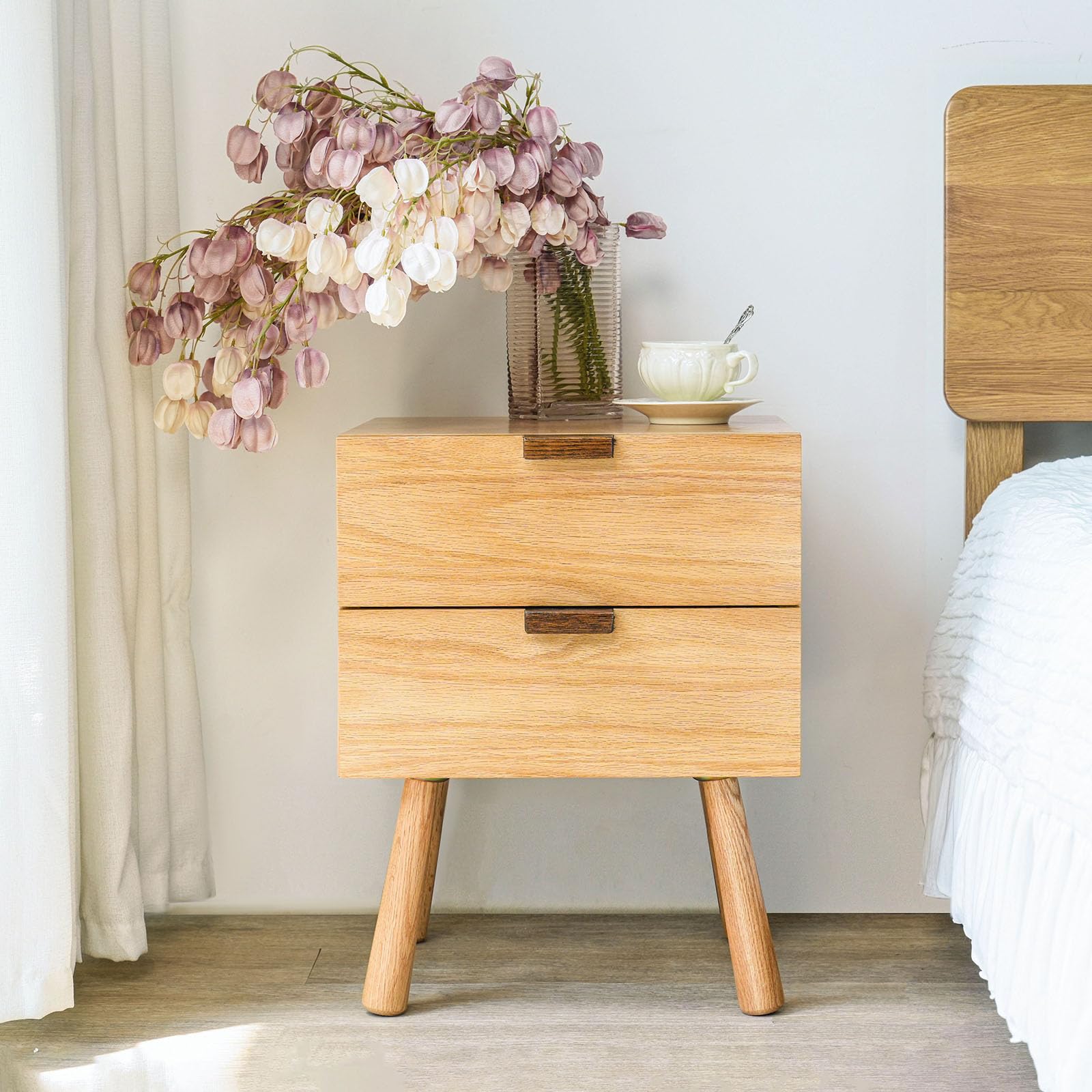 Cttasty Night Stand, Mid Century Modern Nightstand w/2 Drawers, Cute Small Nightstand, Boho Nightstand, Solid Wood Bedroom Nightstand, Oak Bedside Table, 16.54 W x 15.75 D x 21.65 H Inches(Natural)