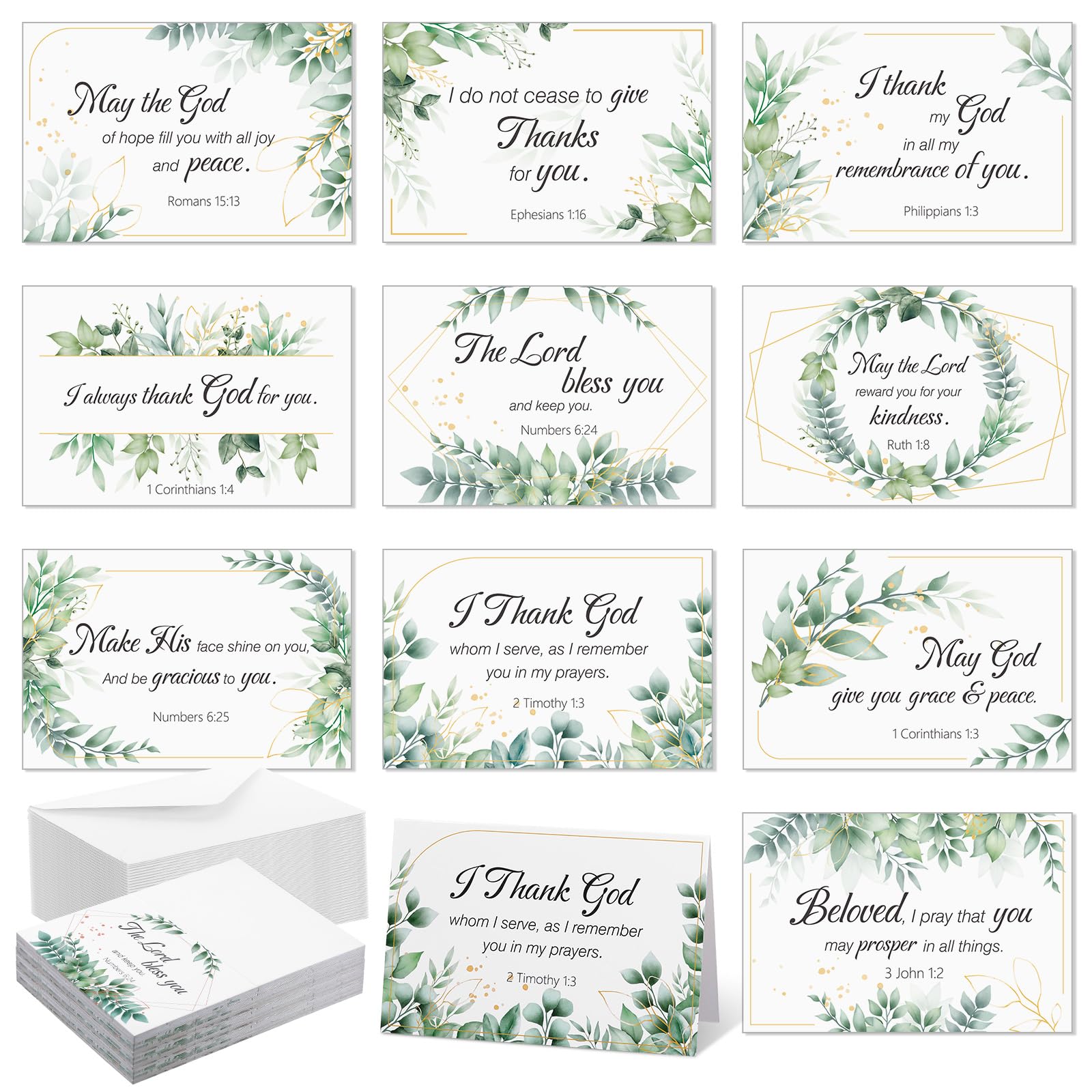 Affrolling 50 Pack Religious Christian Thank You Cards Bulk with Scripture and Envelopes Bible Verse Greeting Cards of Encouragement Inspirational Baptism Note Cards, 4 x 6 Inch(Leaf)