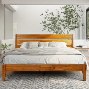 acacia emery bed frame with headboard 100% solid wood platform bed, mid century modern wood bed compatible with all mattresses, non-slip and noise-free, 30 mins assembly, king size bed frame, caramel